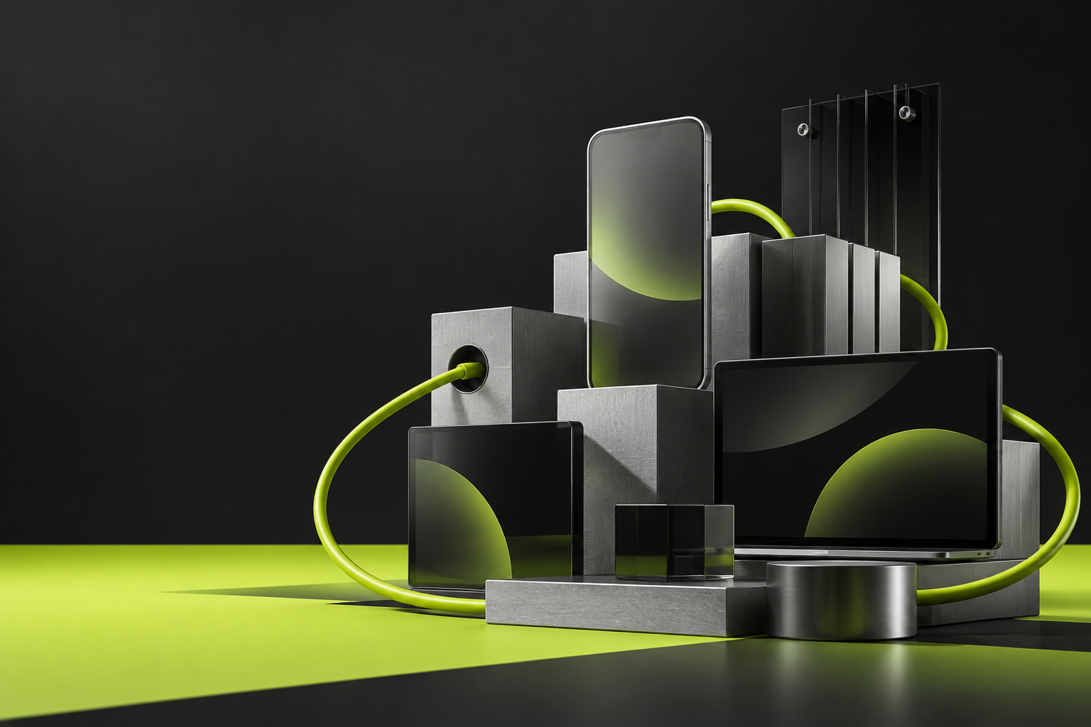 Connected mobile, web and software modules in charcoal, silver and acid lime